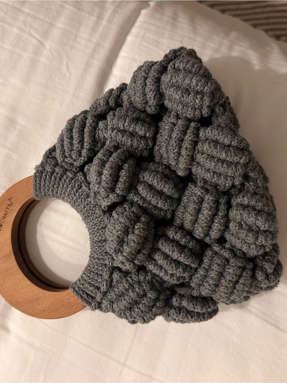 Handmade Chunky Knit Gray Tote with Wooden Handles